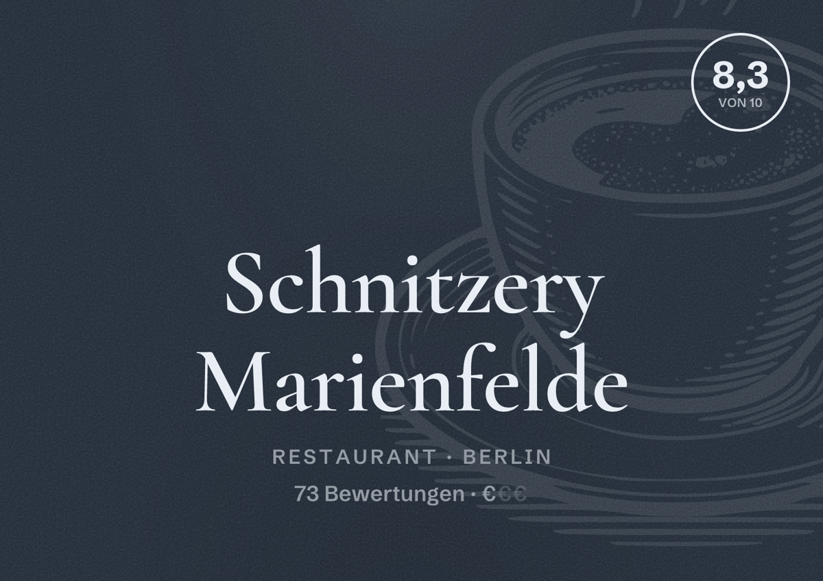 Illustriertes Poster von Schnitzery Marienfelde, Restaurant in Berlin: Bewertung 8,3 von 10 aus 73 Bewertungen, Preisniveau €