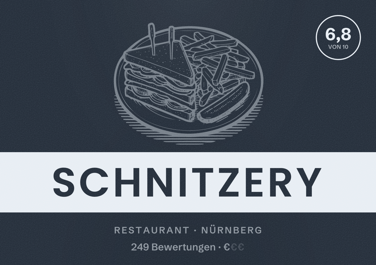 Illustriertes Poster von Schnitzery, Restaurant in Nürnberg: Bewertung 6,8 von 10 aus 249 Bewertungen, Preisniveau €