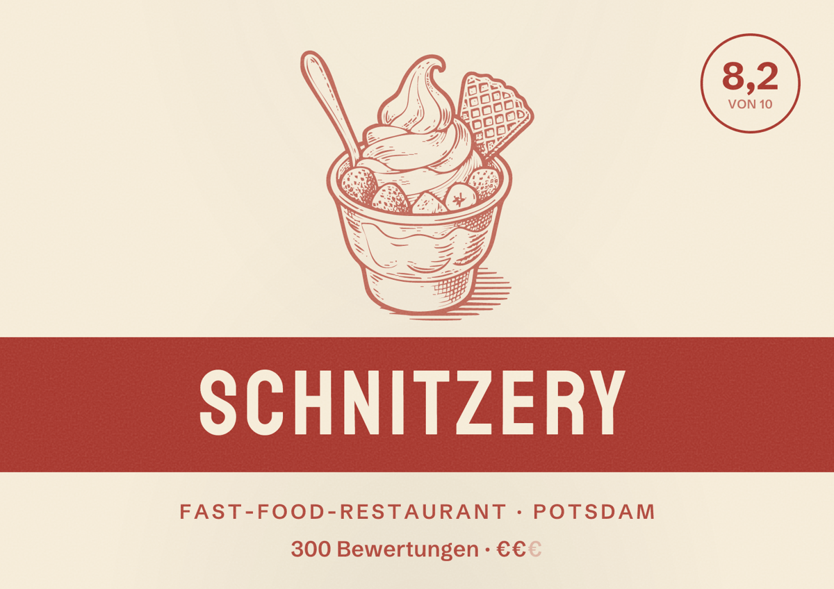 Illustriertes Poster von Schnitzery, Fast-Food-Restaurant in Potsdam: Bewertung 8,2 von 10 aus 300 Bewertungen, Preisniveau €€