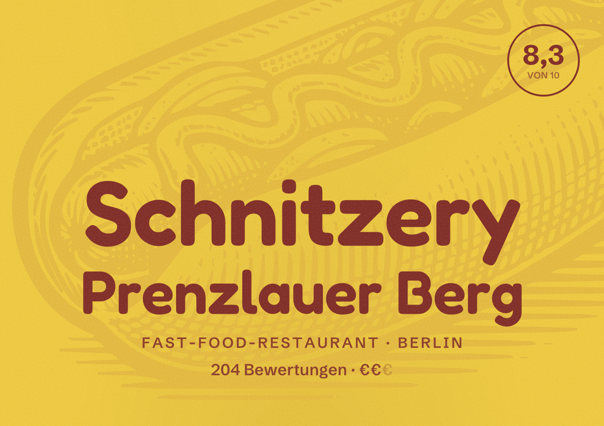 Illustriertes Poster von Schnitzery Prenzlauer Berg, Fast-Food-Restaurant in Berlin: Bewertung 8,3 von 10 aus 204 Bewertungen, Preisniveau €€