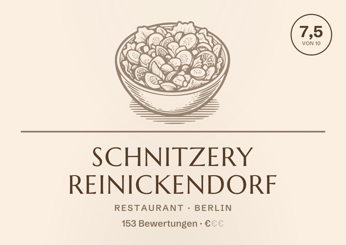 Illustriertes Poster von Schnitzery Reinickendorf, Restaurant in Berlin: Bewertung 7,5 von 10 aus 153 Bewertungen, Preisniveau €