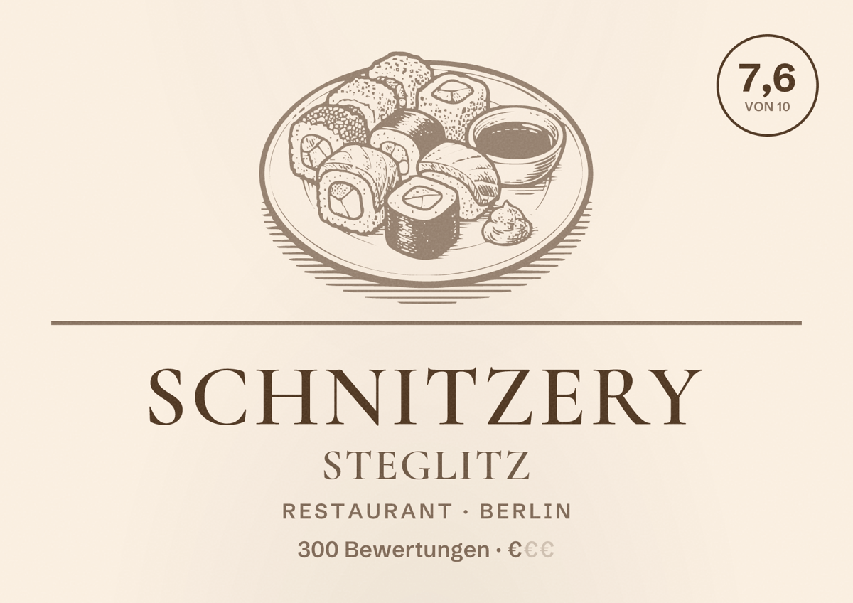 Illustriertes Poster von Schnitzery Steglitz, Restaurant in Berlin: Bewertung 7,6 von 10 aus 300 Bewertungen, Preisniveau €