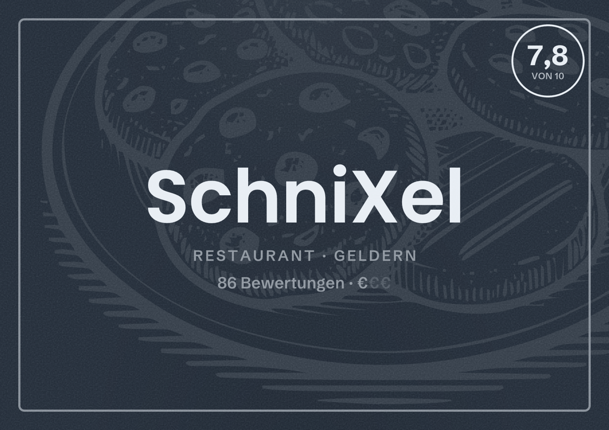 Illustriertes Poster von SchniXel, Restaurant in Geldern: Bewertung 7,8 von 10 aus 86 Bewertungen, Preisniveau €