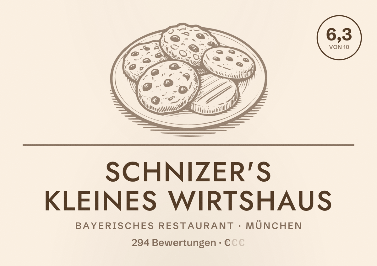 Illustriertes Poster von SCHNIZER'S kleines Wirtshaus, Bayerisches Restaurant in München: Bewertung 6,3 von 10 aus 294 Bewertungen, Preisniveau €