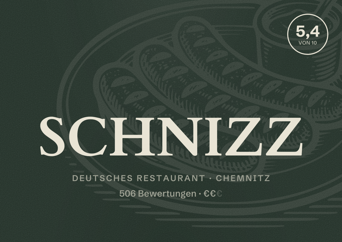 Illustriertes Poster von SCHNIZZ, Deutsches Restaurant in Chemnitz: Bewertung 5,4 von 10 aus 506 Bewertungen, Preisniveau €€