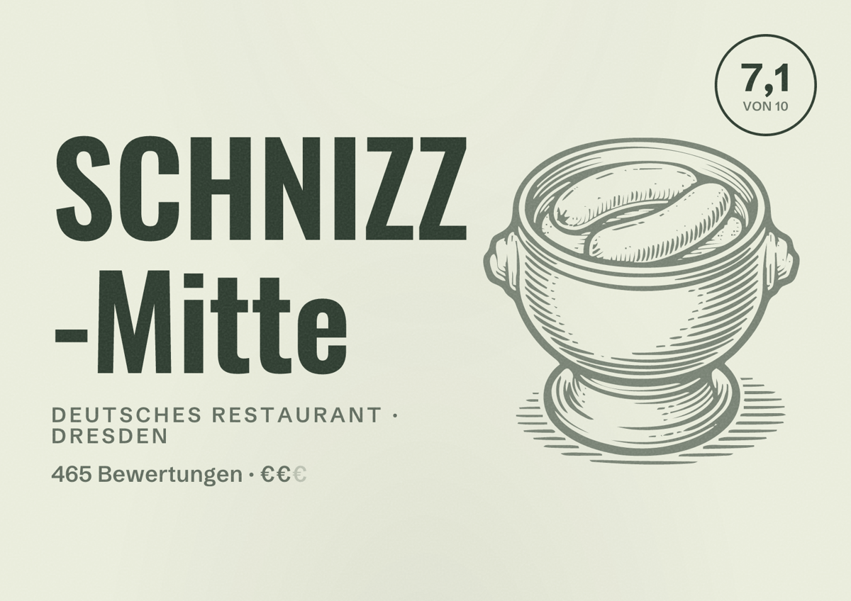 Illustriertes Poster von SCHNIZZ -Mitte, Deutsches Restaurant in Dresden: Bewertung 7,1 von 10 aus 465 Bewertungen, Preisniveau €€