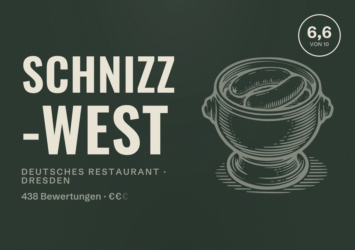 Illustriertes Poster von SCHNIZZ -West, Deutsches Restaurant in Dresden: Gästebewertung 6,6 von 10 aus 438 Bewertungen