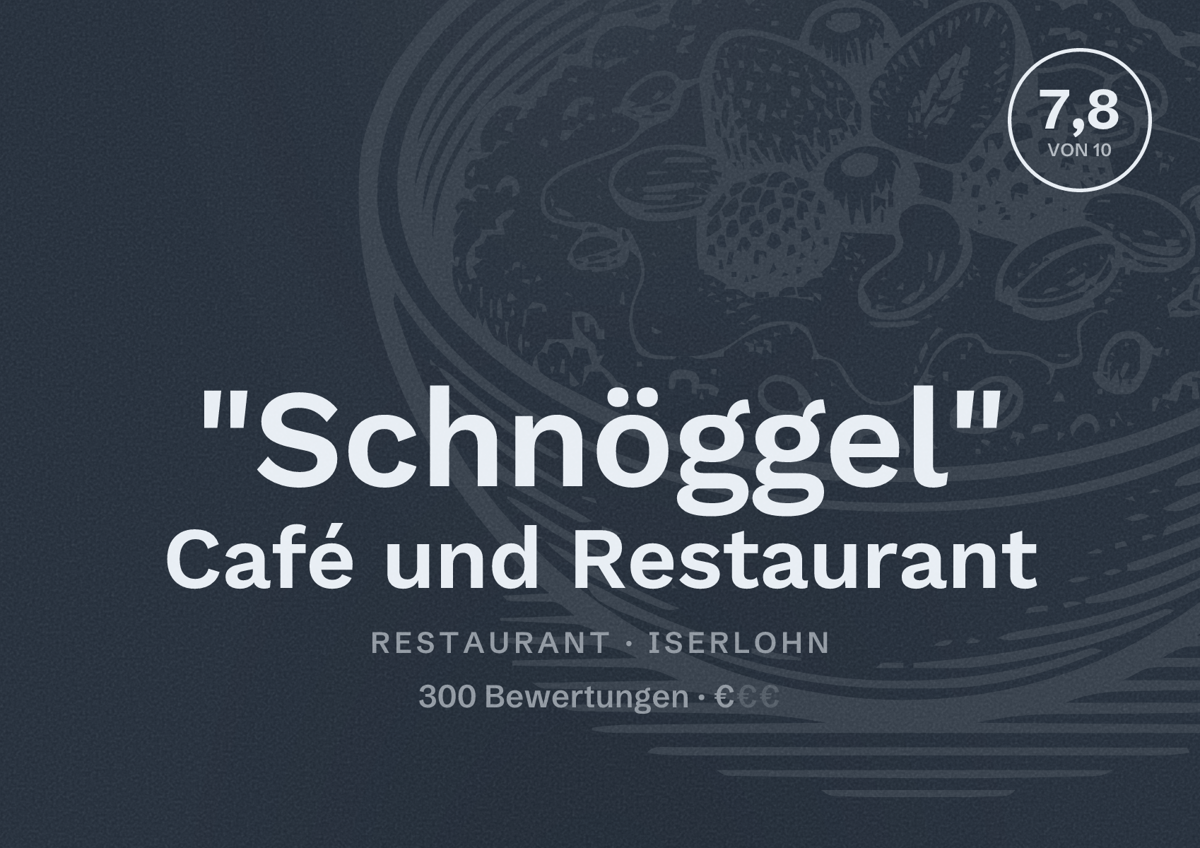 Illustriertes Poster von "Schnöggel" Café und Restaurant, Restaurant in Iserlohn: Bewertung 7,8 von 10 aus 300 Bewertungen, Preisniveau €