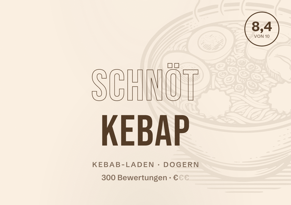 Illustriertes Poster von Schnöt Kebap, Kebab-Laden in Dogern: Bewertung 8,4 von 10 aus 300 Bewertungen, Preisniveau €
