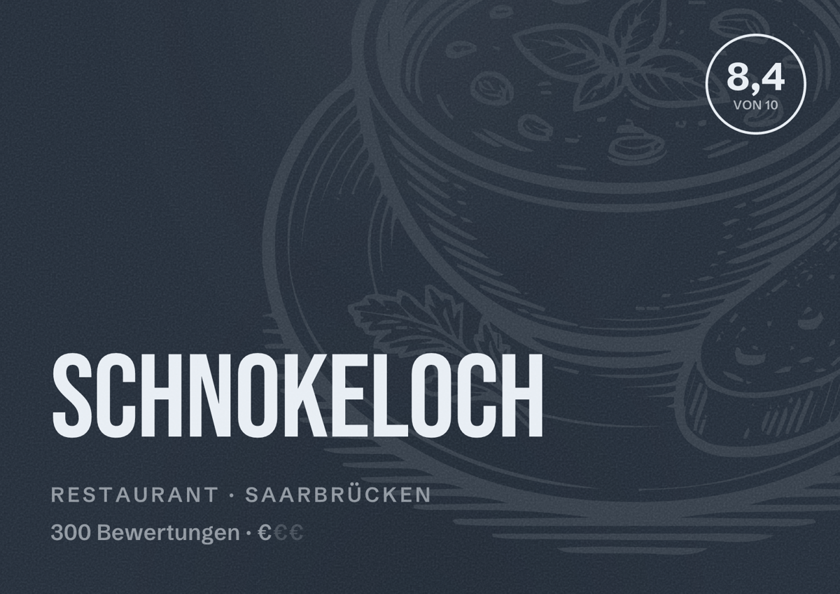 Illustriertes Poster von Schnokeloch, Restaurant in Saarbrücken: Bewertung 8,4 von 10 aus 300 Bewertungen, Preisniveau €