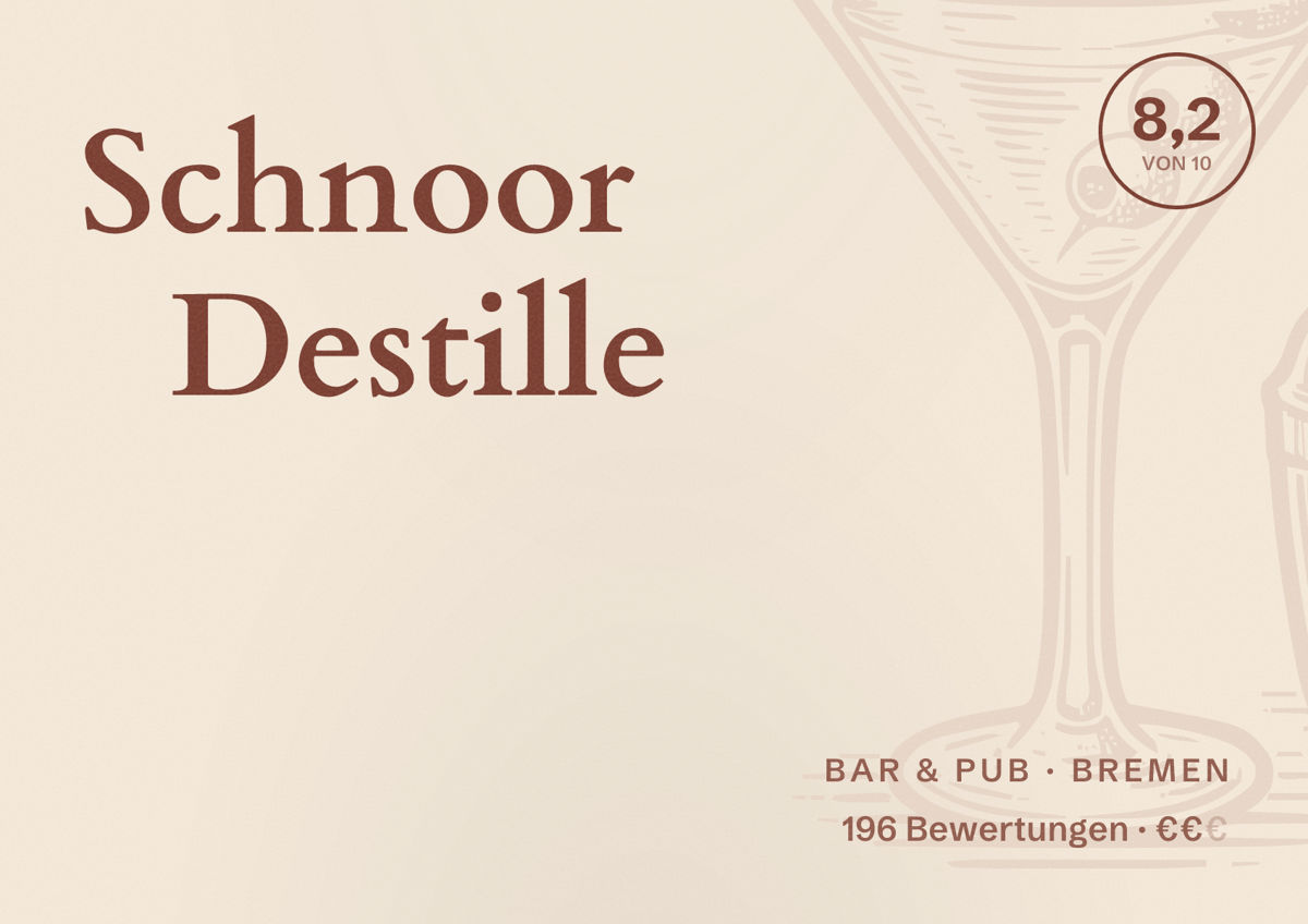 Illustriertes Poster von Schnoor Destille, Bar & Pub in Bremen: Bewertung 8,2 von 10 aus 196 Bewertungen, Preisniveau €€