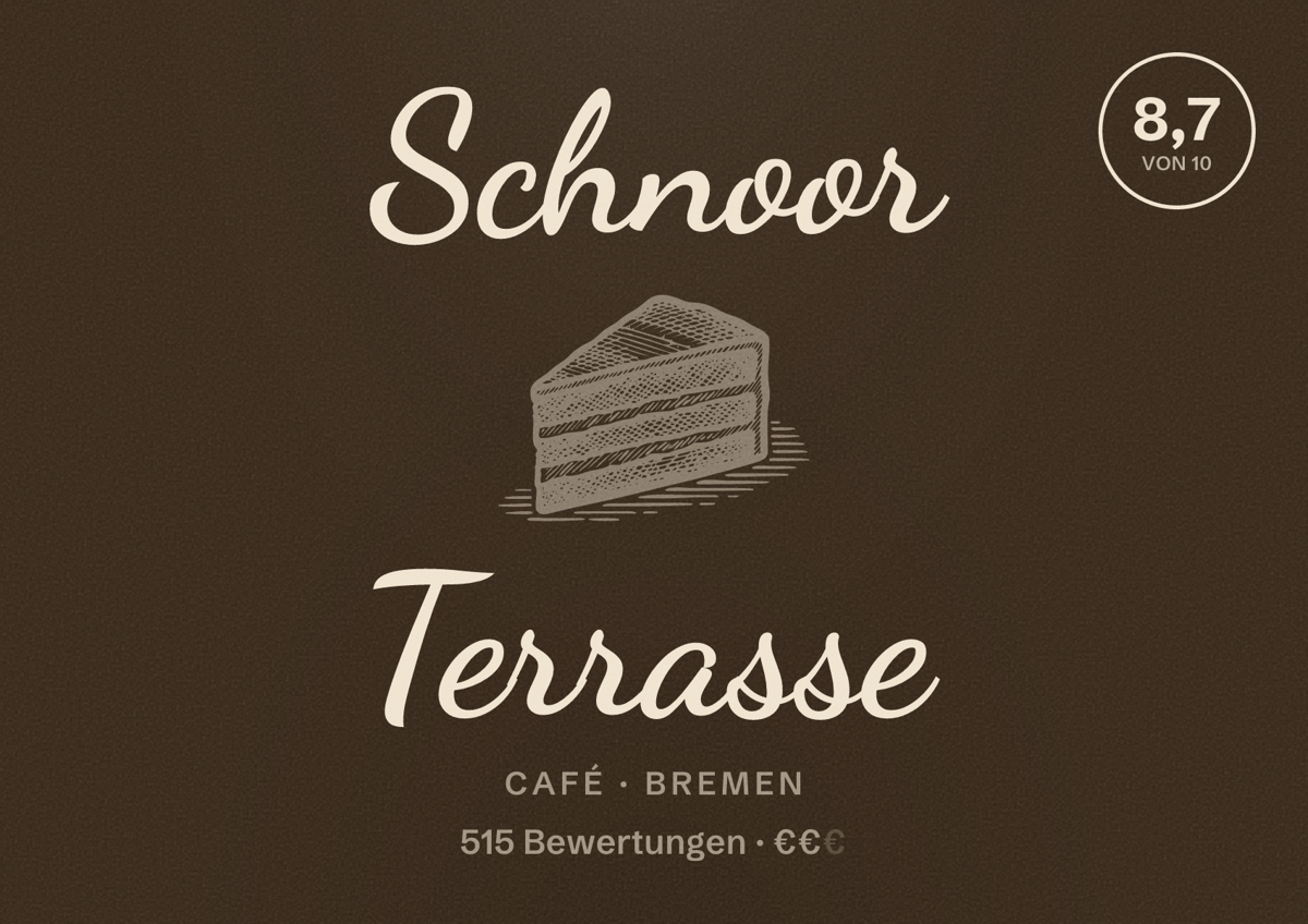 Illustriertes Poster von Schnoor Terrasse, Café in Bremen: Bewertung 8,7 von 10 aus 515 Bewertungen, Preisniveau €€