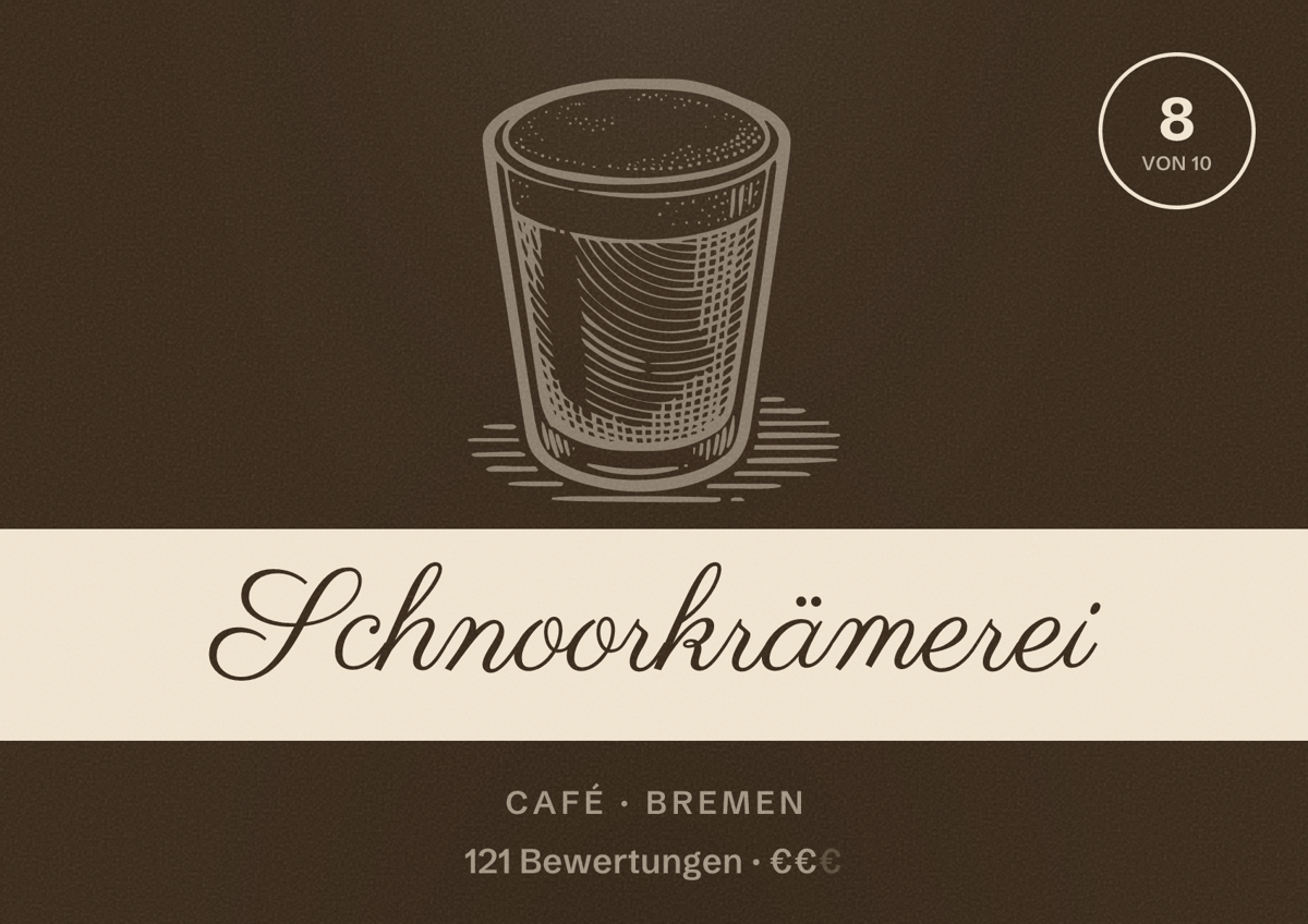 Illustriertes Poster von Schnoorkrämerei, Café in Bremen: Bewertung 8 von 10 aus 121 Bewertungen, Preisniveau €€