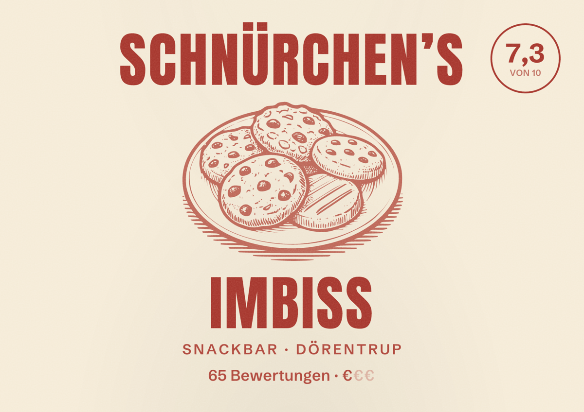 Illustriertes Poster von Schnürchen’s Imbiss, Snackbar in Dörentrup: Bewertung 7,3 von 10 aus 65 Bewertungen, Preisniveau €