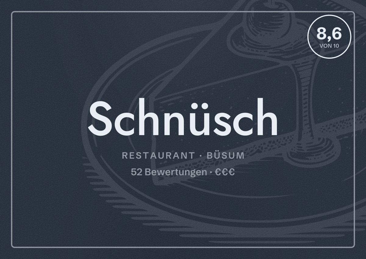 Illustriertes Poster von Schnüsch, Restaurant in Büsum: Bewertung 8,6 von 10 aus 52 Bewertungen, Preisniveau €€€