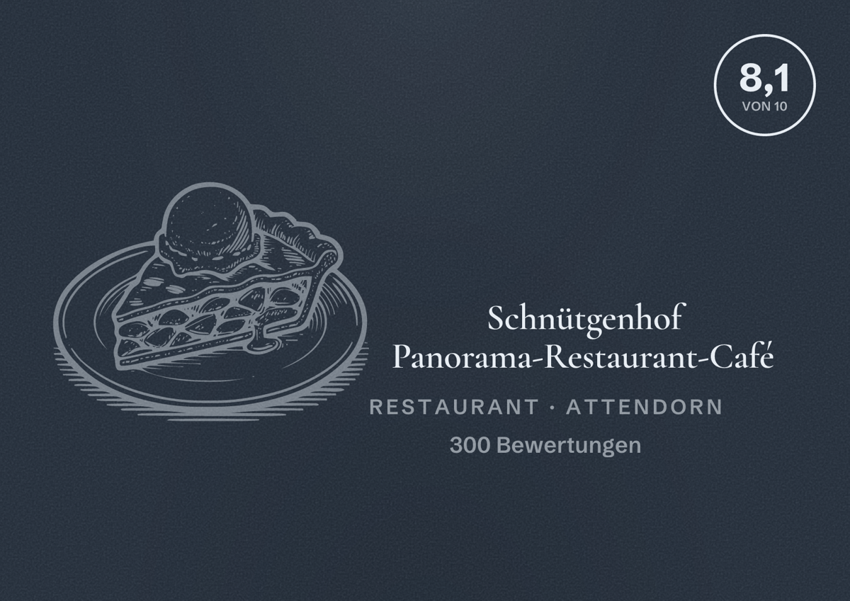 Illustriertes Poster von Schnütgenhof Panorama-Restaurant-Café, Restaurant in Attendorn: Bewertung 8,1 von 10 aus 300 Bewertungen