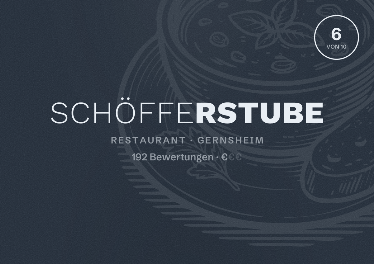 Illustriertes Poster von Schöfferstube, Restaurant in Gernsheim: Bewertung 6 von 10 aus 192 Bewertungen, Preisniveau €