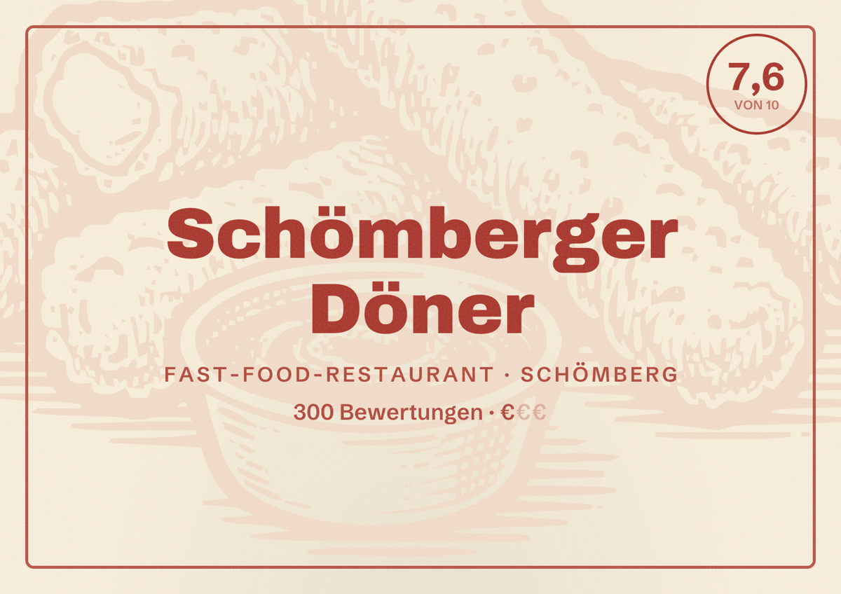 Illustriertes Poster von Schömberger Döner, Fast-Food-Restaurant in Schömberg: Bewertung 7,6 von 10 aus 300 Bewertungen, Preisniveau €