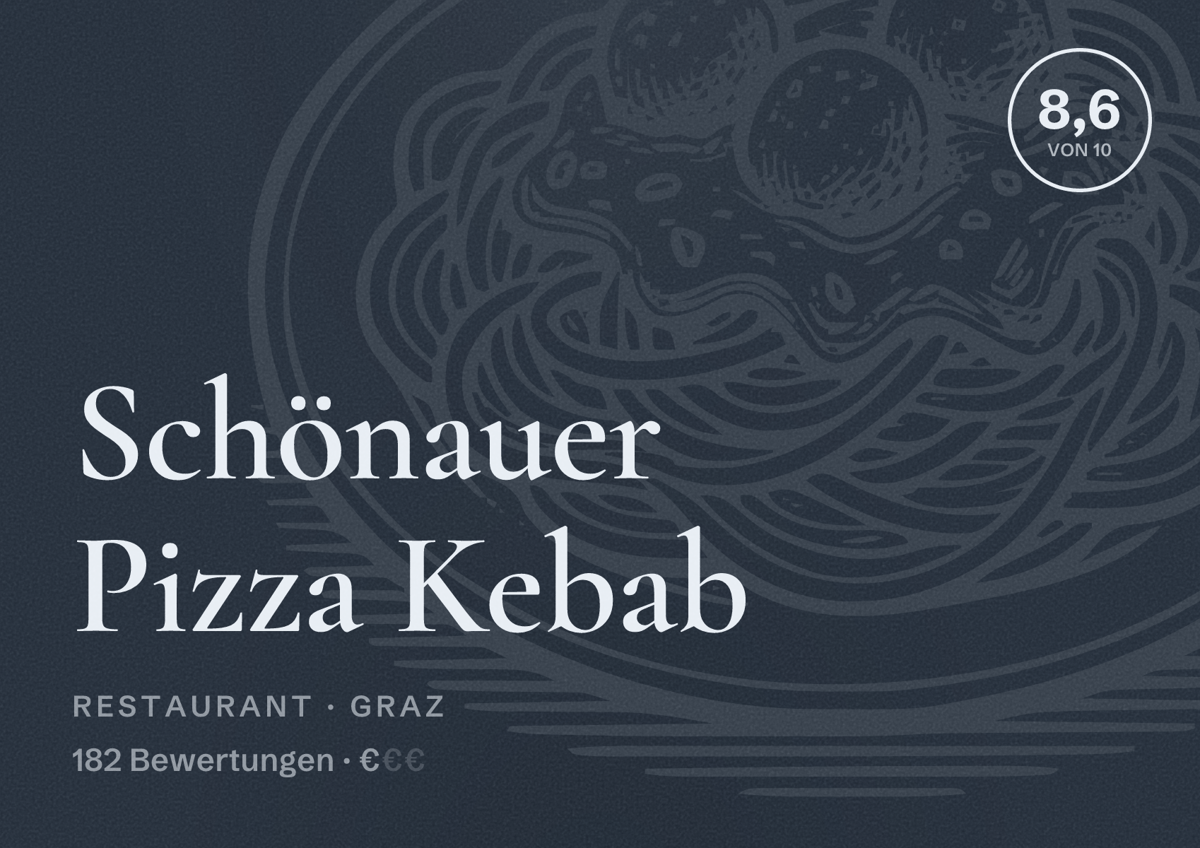 Illustriertes Poster von Schönauer Pizza Kebab, Restaurant in Graz: Bewertung 8,6 von 10 aus 182 Bewertungen, Preisniveau €