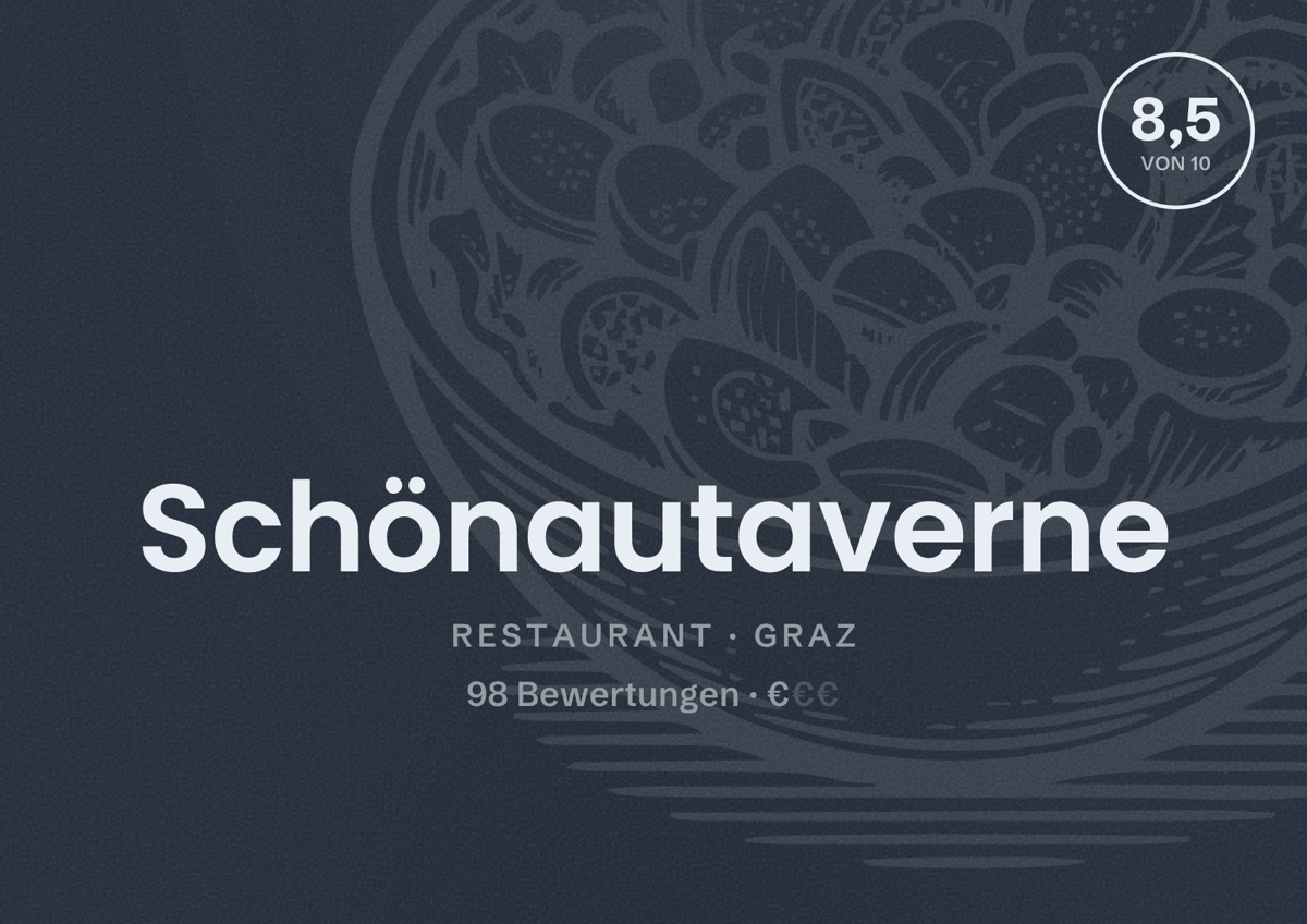 Illustriertes Poster von Schönautaverne, Restaurant in Graz: Bewertung 8,5 von 10 aus 98 Bewertungen, Preisniveau €
