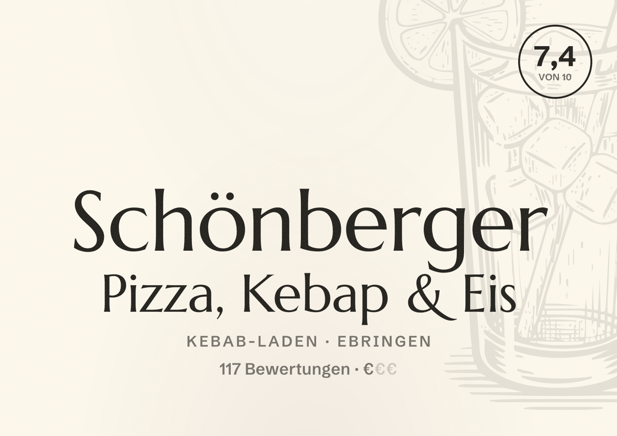 Illustriertes Poster von Schönberger Pizza, Kebap & Eis, Kebab-Laden in Ebringen: Bewertung 7,4 von 10 aus 117 Bewertungen, Preisniveau €