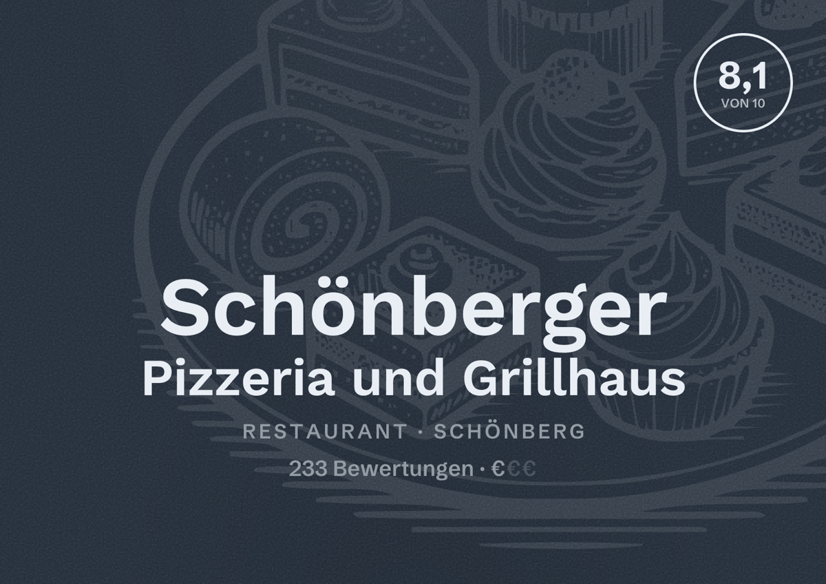 Illustriertes Poster von Schönberger Pizzeria und Grillhaus, Restaurant in Schönberg: Bewertung 8,1 von 10 aus 233 Bewertungen, Preisniveau €