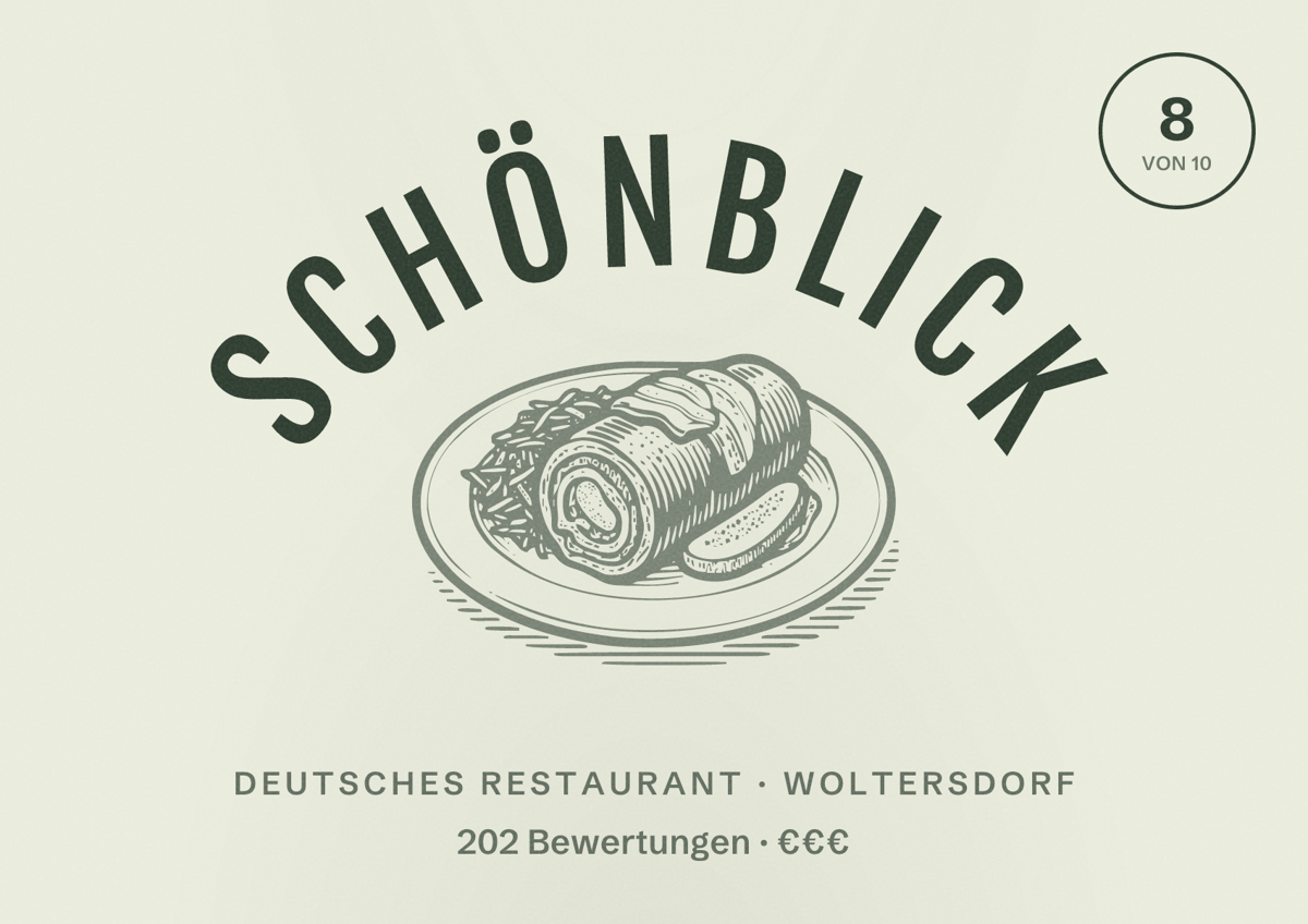 Illustriertes Poster von Schönblick, Deutsches Restaurant in Woltersdorf: Bewertung 8 von 10 aus 202 Bewertungen, Preisniveau €€€