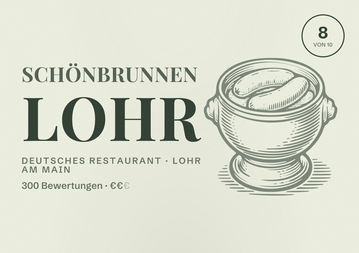Illustriertes Poster von Schönbrunnen Lohr, Deutsches Restaurant in Lohr am Main: Bewertung 8 von 10 aus 300 Bewertungen, Preisniveau €€