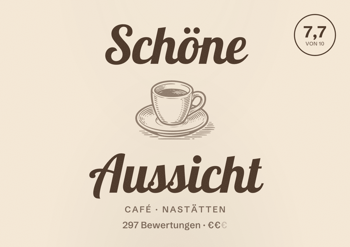 Illustriertes Poster von Schöne Aussicht, Café in Nastätten: Bewertung 7,7 von 10 aus 297 Bewertungen, Preisniveau €€