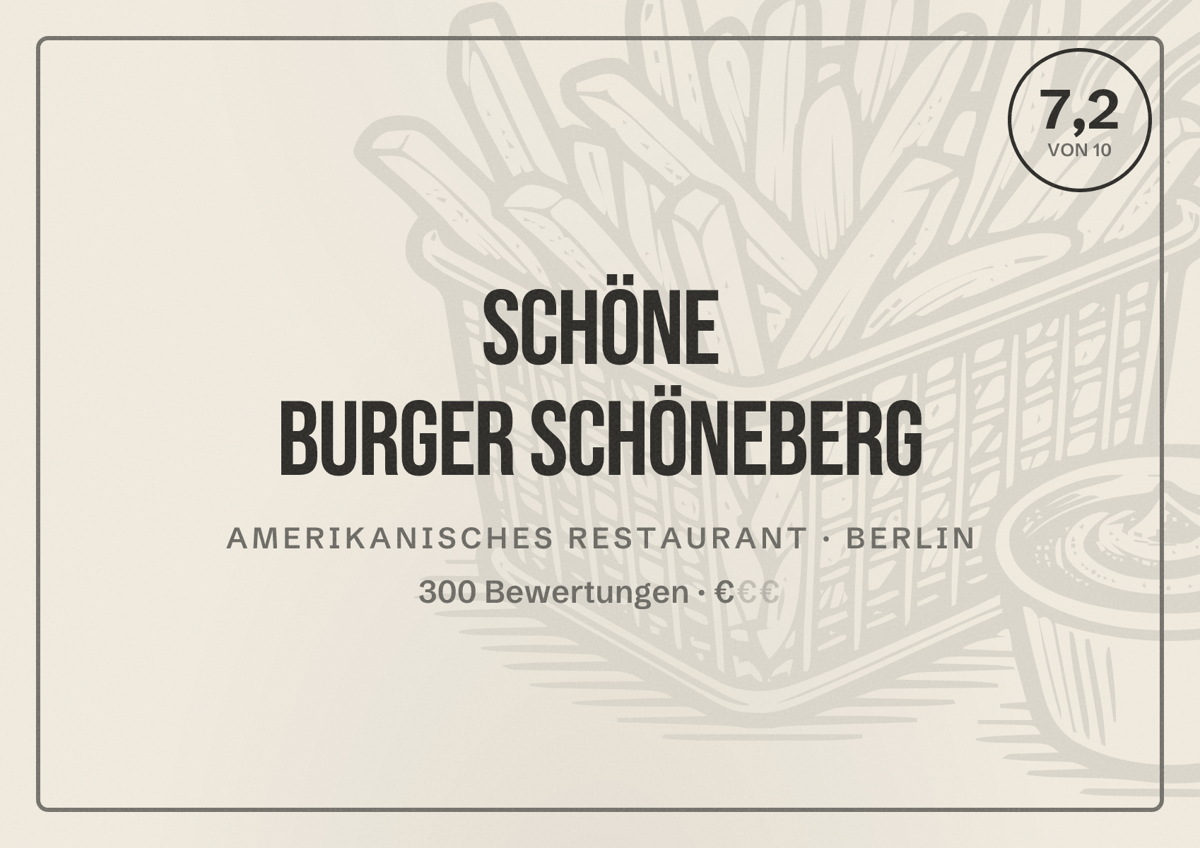Illustriertes Poster von Schöne Burger Schöneberg, Amerikanisches Restaurant in Berlin: Bewertung 7,2 von 10 aus 300 Bewertungen, Preisniveau €