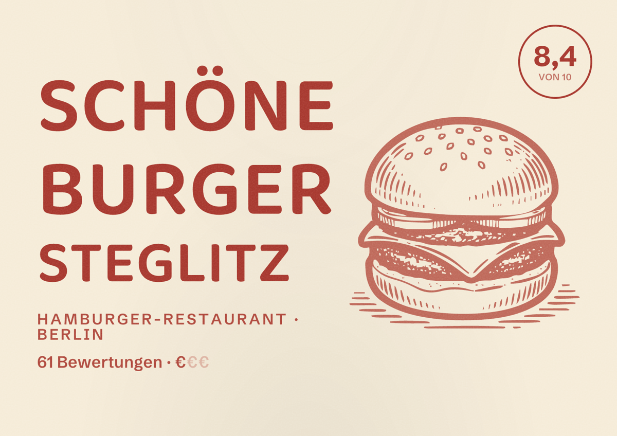 Illustriertes Poster von Schöne Burger Steglitz, Hamburger-Restaurant in Berlin: Bewertung 8,4 von 10 aus 61 Bewertungen, Preisniveau €