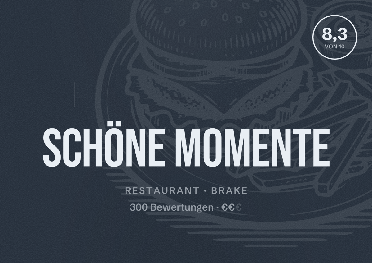 Illustriertes Poster von Schöne Momente, Restaurant in Brake: Bewertung 8,3 von 10 aus 300 Bewertungen, Preisniveau €€