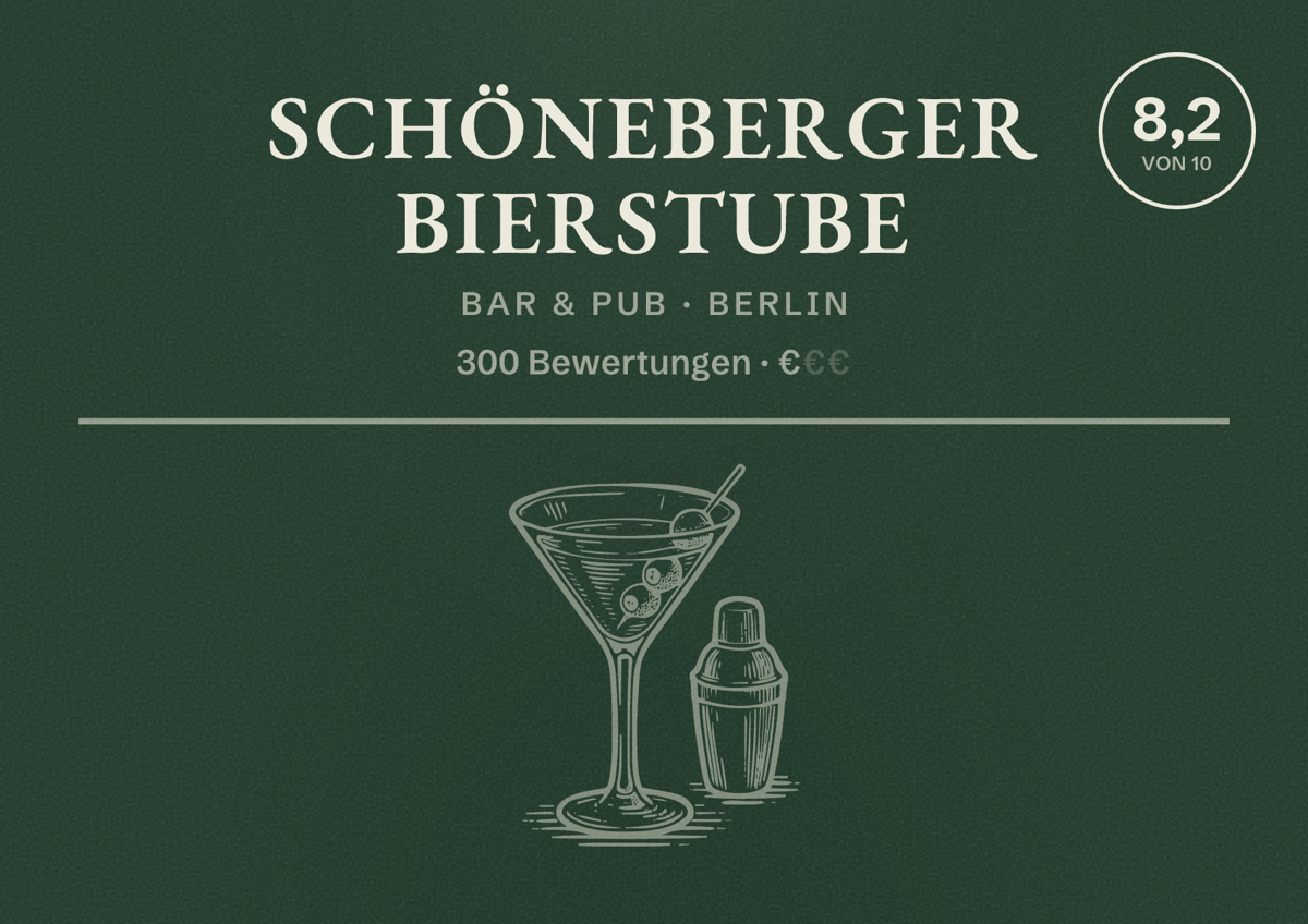 Illustriertes Poster von Schöneberger Bierstube, Bar & Pub in Berlin: Bewertung 8,2 von 10 aus 300 Bewertungen, Preisniveau €