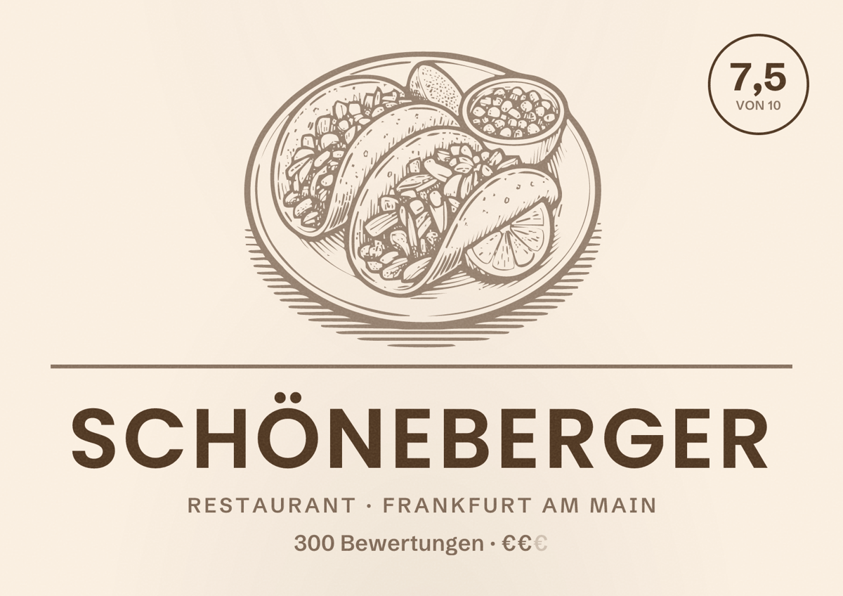 Illustriertes Poster von Schöneberger, Restaurant in Frankfurt am Main: Bewertung 7,5 von 10 aus 300 Bewertungen, Preisniveau €€