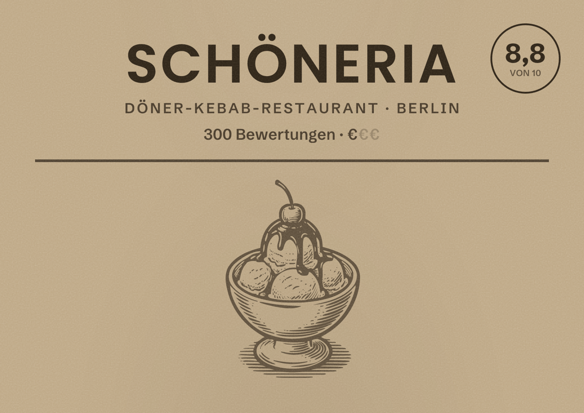 Illustriertes Poster von Schöneria, Döner-Kebab-Restaurant in Berlin: Bewertung 8,8 von 10 aus 300 Bewertungen, Preisniveau €