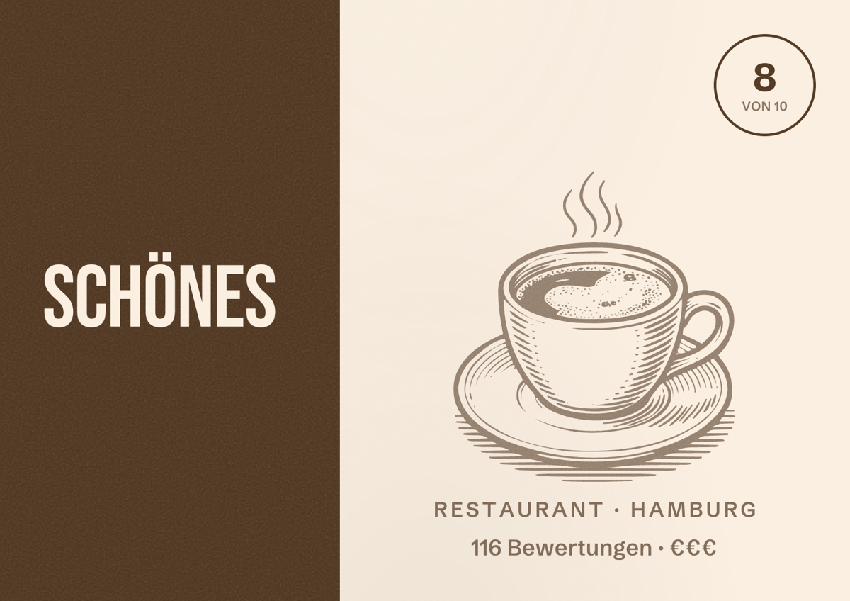 Illustriertes Poster von Schönes, Restaurant in Hamburg: Bewertung 8,0 von 10 aus 116 Bewertungen, Preisniveau €€€