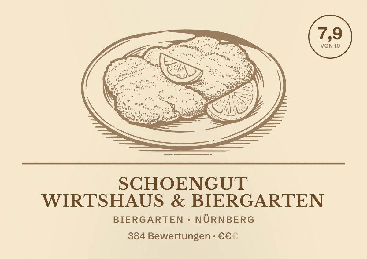 Illustriertes Poster von schoengut Wirtshaus & Biergarten, Biergarten in Nürnberg: Bewertung 7,9 von 10 aus 384 Bewertungen, Preisniveau €€