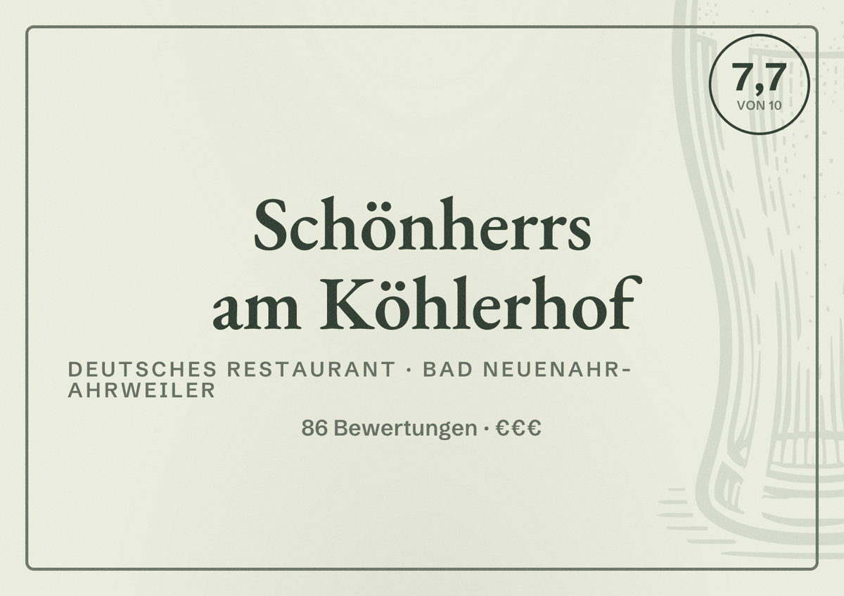 Illustriertes Poster von Schönherrs am Köhlerhof, Deutsches Restaurant in Bad Neuenahr-Ahrweiler: Bewertung 7,7 von 10 aus 86 Bewertungen, Preisniveau €€€