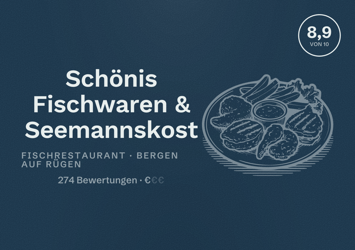 Illustriertes Poster von Schönis Fischwaren & Seemannskost, Fischrestaurant in Bergen auf Rügen: Bewertung 8,9 von 10 aus 274 Bewertungen, Preisniveau €