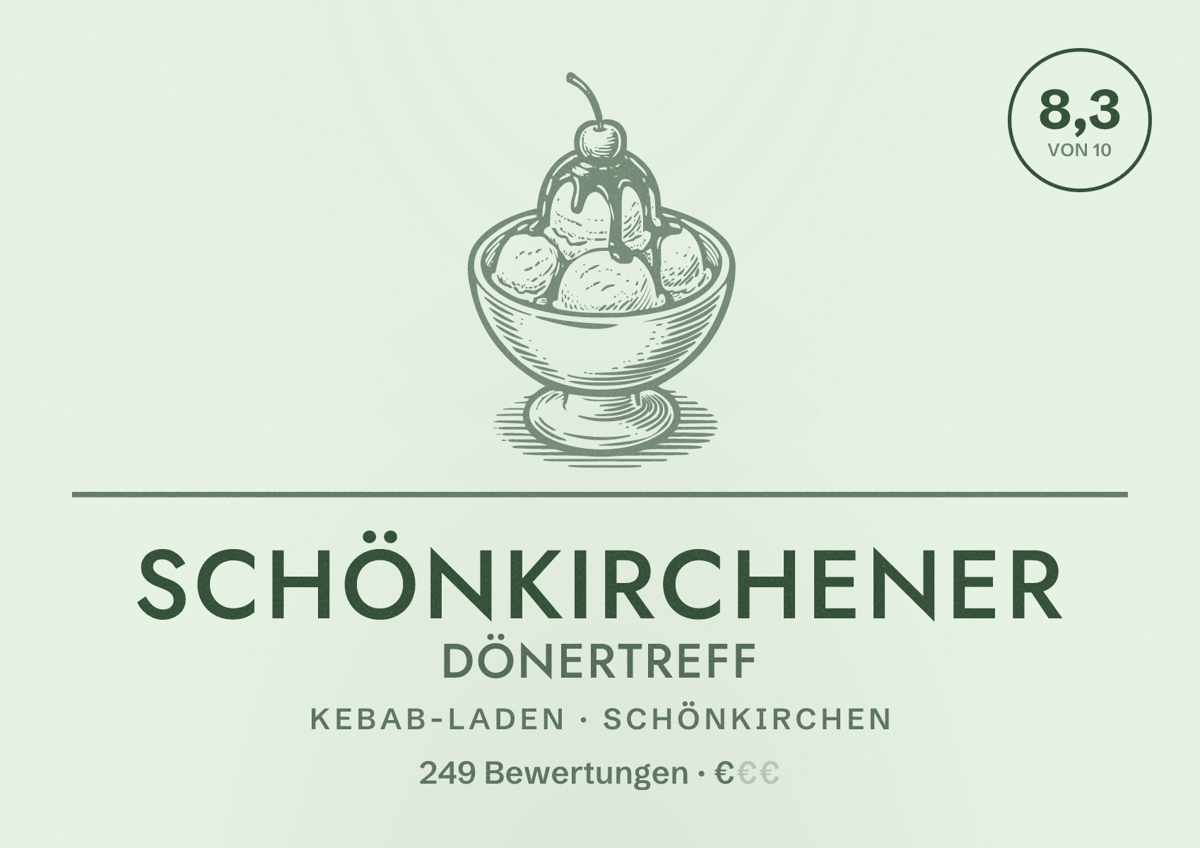 Illustriertes Poster von Schönkirchener Dönertreff, Kebab-Laden in Schönkirchen: Bewertung 8,3 von 10 aus 249 Bewertungen, Preisniveau €