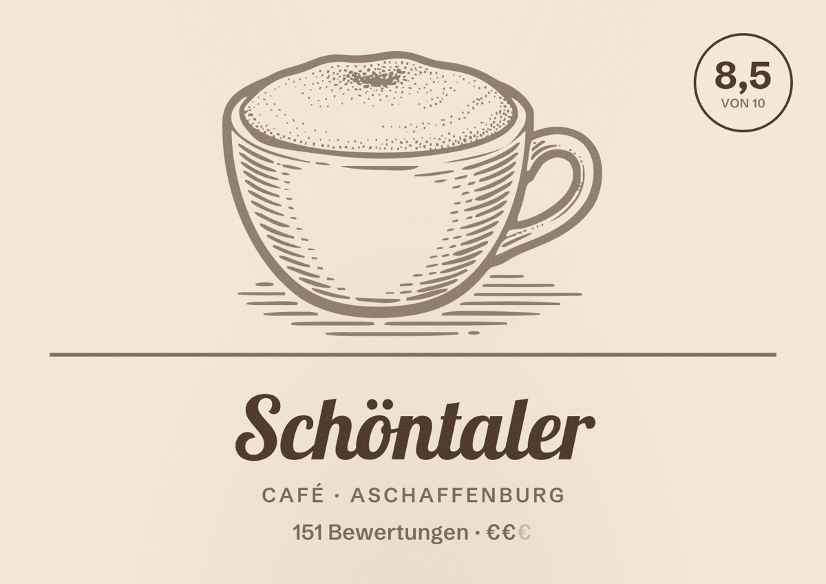 Illustriertes Poster von Schöntaler, Café in Aschaffenburg: Bewertung 8,5 von 10 aus 151 Bewertungen, Preisniveau €€
