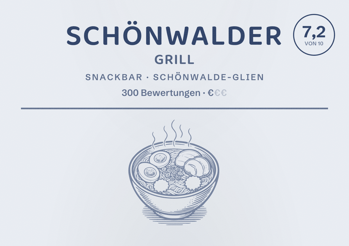 Illustriertes Poster von Schönwalder Grill, Snackbar in Schönwalde-Glien: Bewertung 7,2 von 10 aus 300 Bewertungen, Preisniveau €