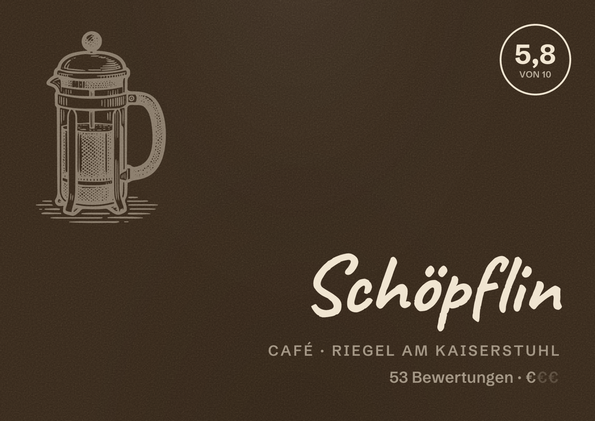 Illustriertes Poster von Schöpflin, Café in Riegel am Kaiserstuhl: Bewertung 5,8 von 10 aus 53 Bewertungen, Preisniveau €
