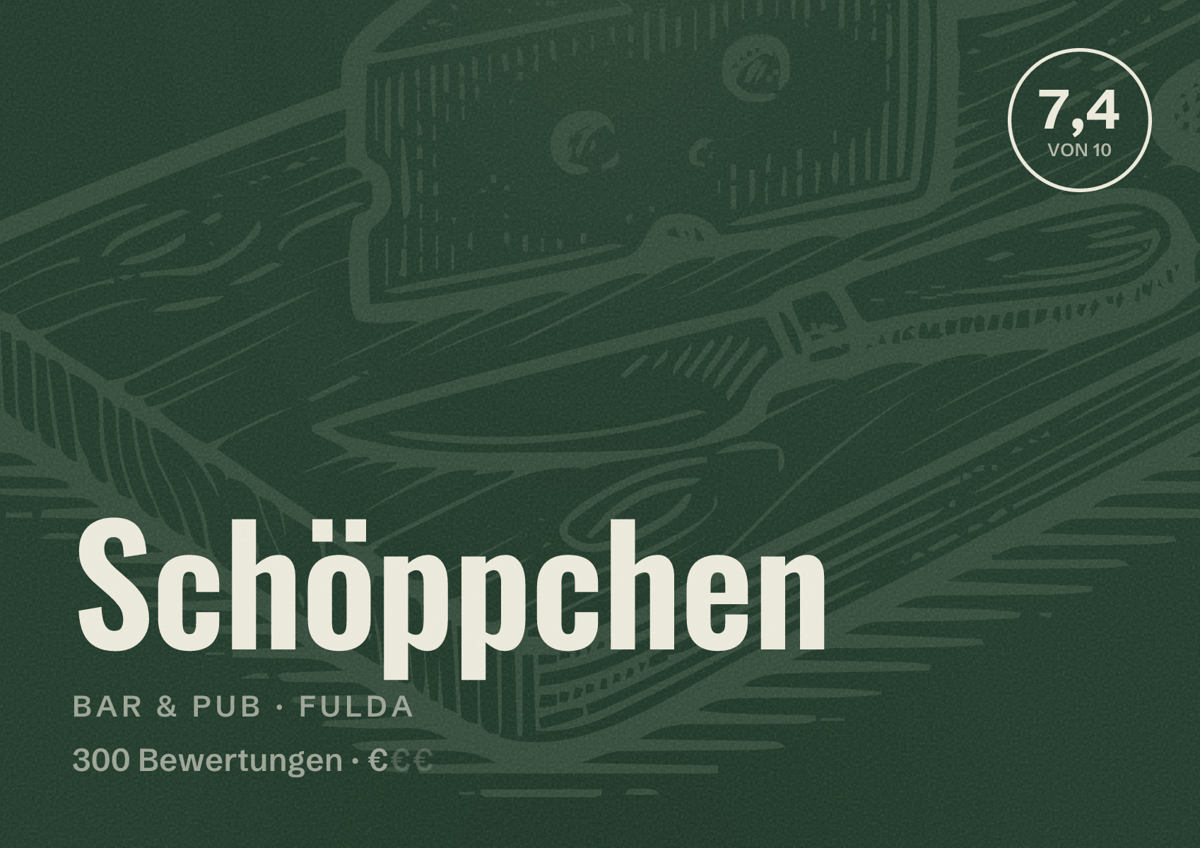 Illustriertes Poster von Schöppchen, Bar & Pub in Fulda: Bewertung 7,4 von 10 aus 300 Bewertungen, Preisniveau €