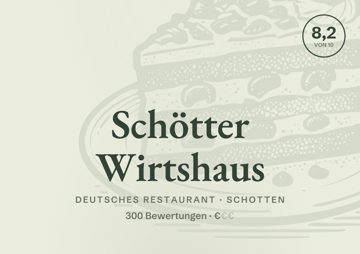 Illustriertes Poster von Schötter Wirtshaus, Deutsches Restaurant in Schotten: Bewertung 8,2 von 10 aus 300 Bewertungen, Preisniveau €
