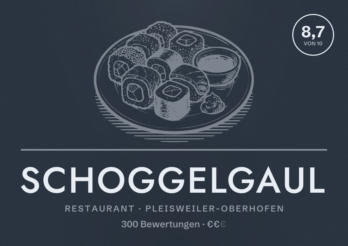 Illustriertes Poster von Schoggelgaul, Restaurant in Pleisweiler-Oberhofen: Bewertung 8,7 von 10 aus 300 Bewertungen, Preisniveau €€