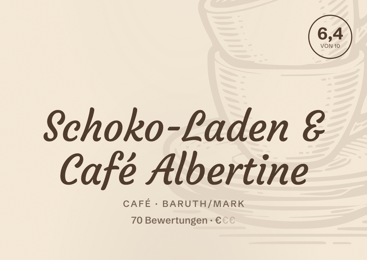 Illustriertes Poster von Schoko-Laden & Café Albertine, Café in Baruth/Mark: Bewertung 6,4 von 10 aus 70 Bewertungen, Preisniveau €