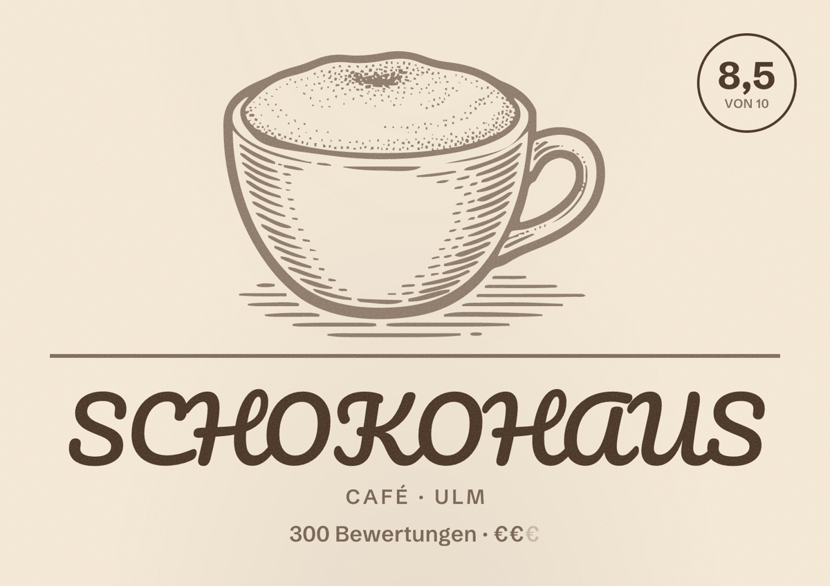 Illustriertes Poster von SCHOKOHAUS, Café in Ulm: Bewertung 8,5 von 10 aus 300 Bewertungen, Preisniveau €€