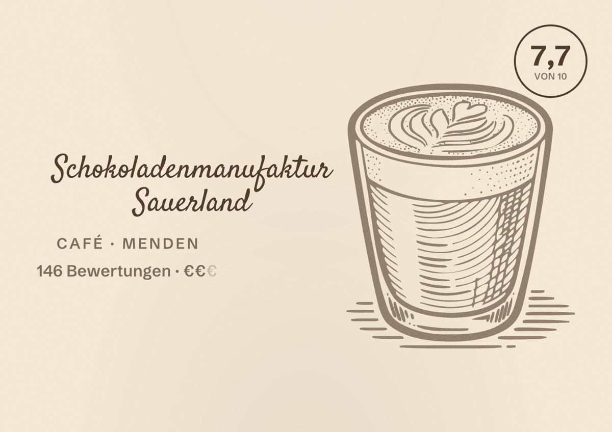 Illustriertes Poster von Schokoladenmanufaktur Sauerland, Café in Menden: Bewertung 7,7 von 10 aus 146 Bewertungen, Preisniveau €€