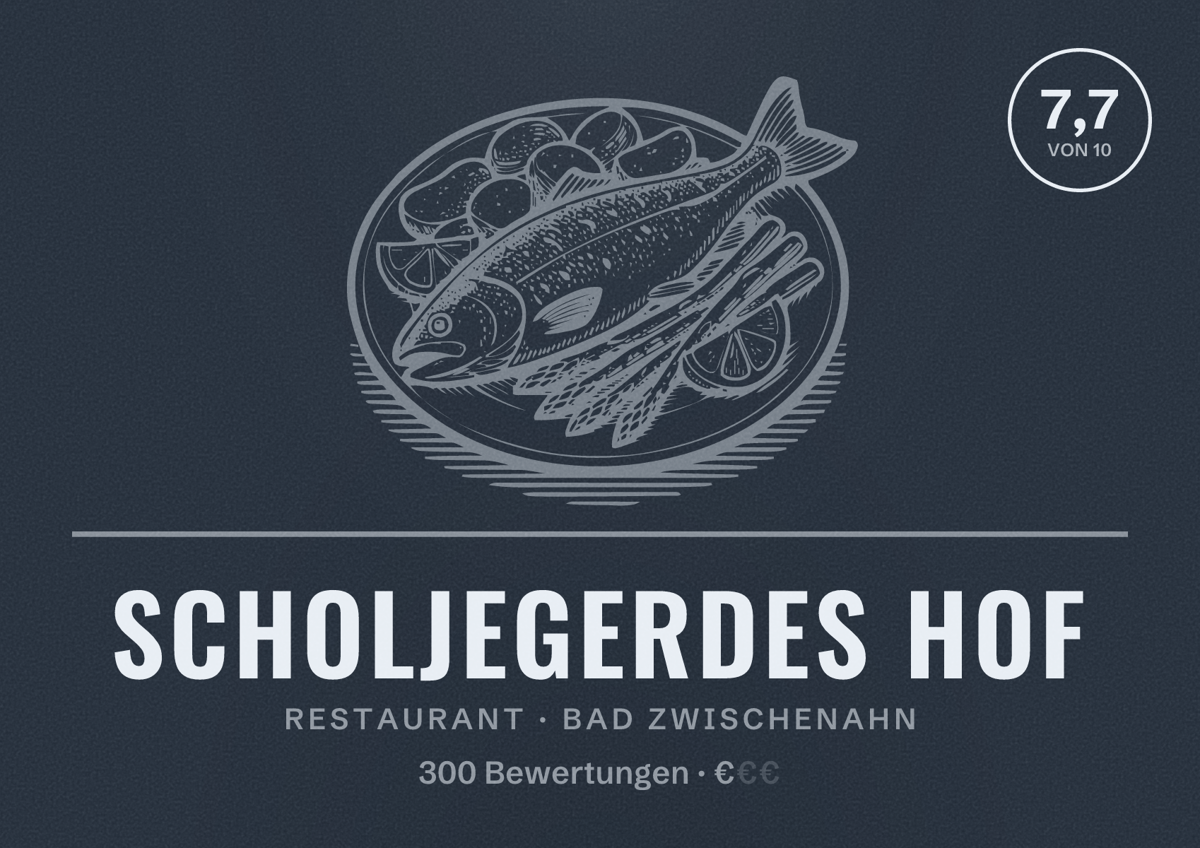 Illustriertes Poster von Scholjegerdes Hof, Restaurant in Bad Zwischenahn: Bewertung 7,7 von 10 aus 300 Bewertungen, Preisniveau €